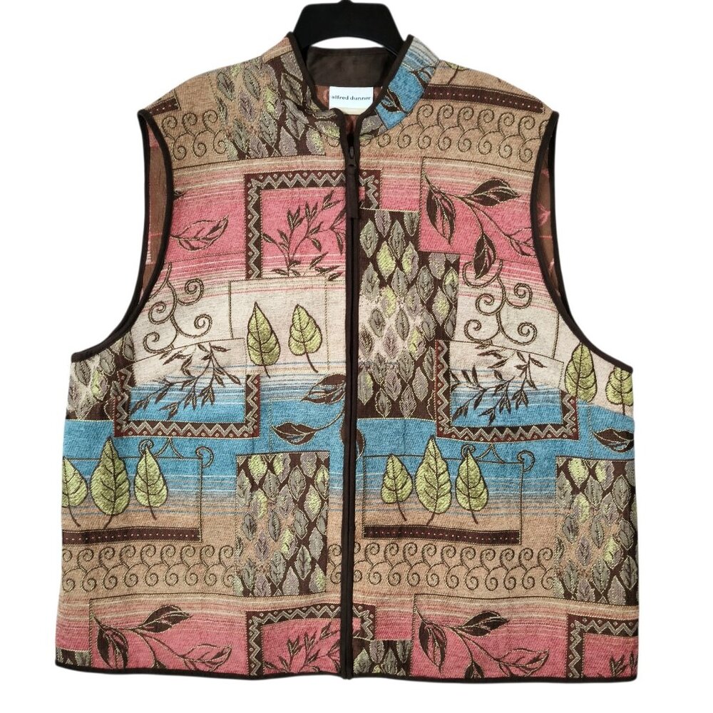 Alfred Dunner Vest Womens Plus Size 20W Tapestry Leaf Zip Up Autumn Boho